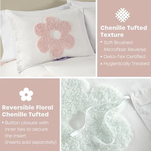 Juego de funda nórdica Queen para niñas, funda nórdica acolchada de chenilla F/Q blanca/púrpura Foto 4 de 4