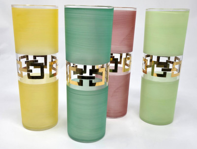 Set Of 4 Mid Century Modern Highball Bartlett Glasses Gold Guild Pastel Color 7''
