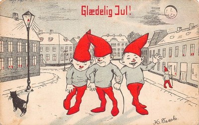 New Year Greetings Drunk Elf Humanized Moon Lamp Cat H Tesch Art postcard C413
