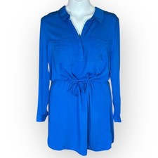 JustFab Blue Shirt Dress XL Long Sleeve Drawstring Waist Pockets Collared NWOT