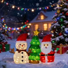 3Pcs Christmas Santa Snowman Tree for In/Outdoor Yard Decor with LED Light