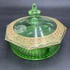 Vintage Green Depression Glass Lidded Candy Dish With Etched Floral Design