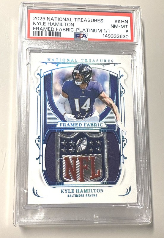 2025 Panini National Treasures 1/1 NFL Shield patch Kyle Hamilton RAVENS PSA 8
