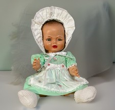 Vintage 1960s Uneeda Drink & Wet Baby Doll Molded Hair Green Dress 15”