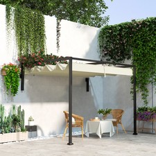 3 x 4m Pergola with Retractable Roof, Wall Mounted Metal Pergola, Khaki