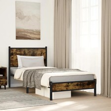 WALPLUS Smoked Oak Metal Bed Frame 90x200cm Strong Small Double Bedroom Bed