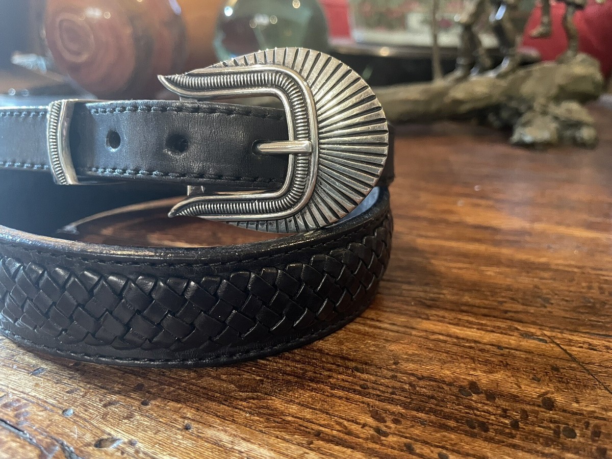 Vintage MM Rogers Sterling Silver Brown Leather Belt with Coral Stones 27 in Amazing Vintage Native American Navajo Coral Sterling Silver  main image 3