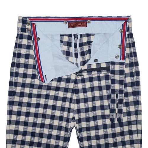Mens Gurkha Pants 34 Blue Beige Check Plaid Cotton Slim Fit Flat Front Trousers - Picture 3 of 7