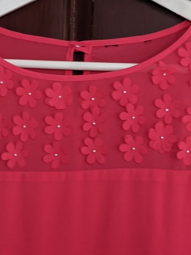 Women's Dress Pink/Red Chiffon Lined Sleeveless Chest 40" Floral Applique neck - Picture 5 of 11