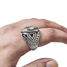 AAA FLAT ABALONE SHELL GEMSTONE 925 STERLING SILVER ARABIC SIGNET MENS RING