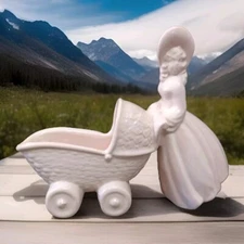 VINTAGE HAEGER CERAMIC PINK  PLANTER LADY CARRIAGE BUGGY BABY SHOWER GIFT