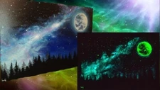 Author's painting Space, night sky, stars, forest. Glows in the dark