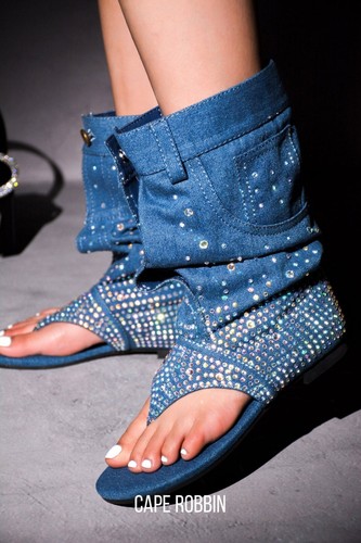 New Women's Denim Rhinestone T-Strap Boho Mid-Calf Flat Sandals Thong Open Toe - Picture 1 of 10