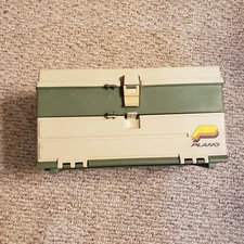 Vintage Plano 707 Tackle Box Tan/Green Gear Outdoors Handle 2 Drawer USA RARE