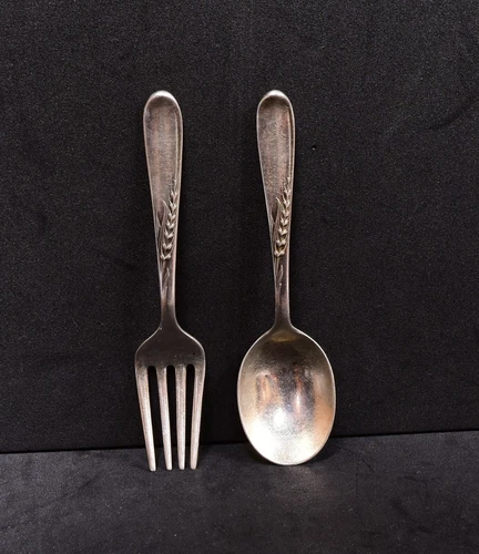 Vintage Sterling Silver Reed & Barton Baby Fork & Spoon Set, Silver Wheat (#151)