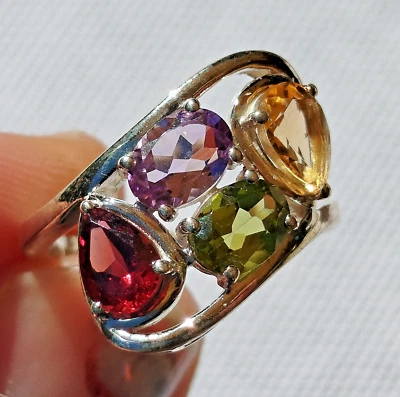 4g TOP Bague Améthyste, Grenat, Citrine, Péridot, Argent, Tailles 49, 52, 54 - Photo 1/4