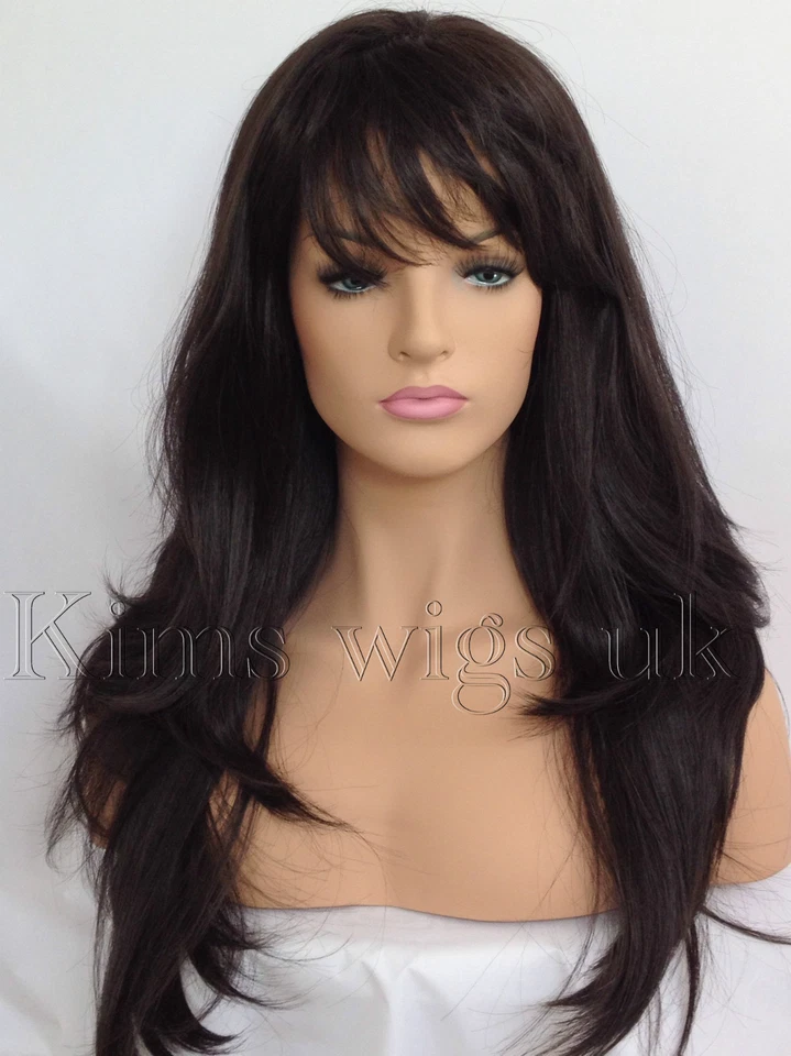 FULL WOMEN LADIES FASHION HAIR WIG DARK BROWN HEAT RESIST LONG LAYERED #4 UK