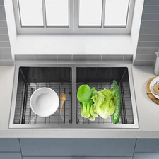 31''x18'' Double Bowl Composite Drop-in Kitchen Sink 2 Bowl Set Stainless Steel