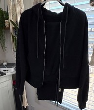Women's Black Jogger Pants  Hooded Zip-Up Sweatshirt Set, Polyester, Size M