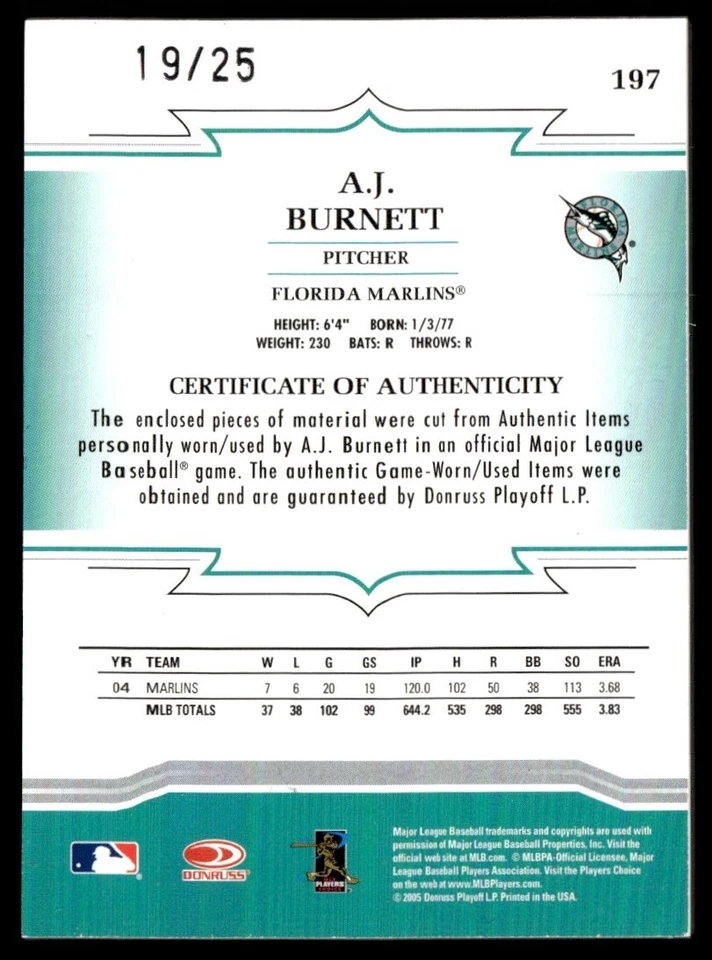 2005 Donruss Throwback Threads Material Combo Prime A.J. Burnett 19/25 Florida - Image 2 of 2