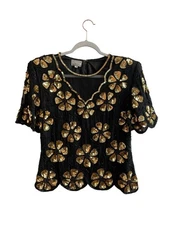 Vintage Sequin Floral Black & Gold Beaded Silk Blouse Short Sleeve Scalloped Hem