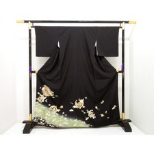 Authentic Unused Black Japanese Kimono with Yuzen dyeing, gold leaf proces...