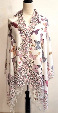 Butterfly/ Monarca/ Mariposas / Fringe/White & Pink/floral/ Rebozo, Scarf, Wrap