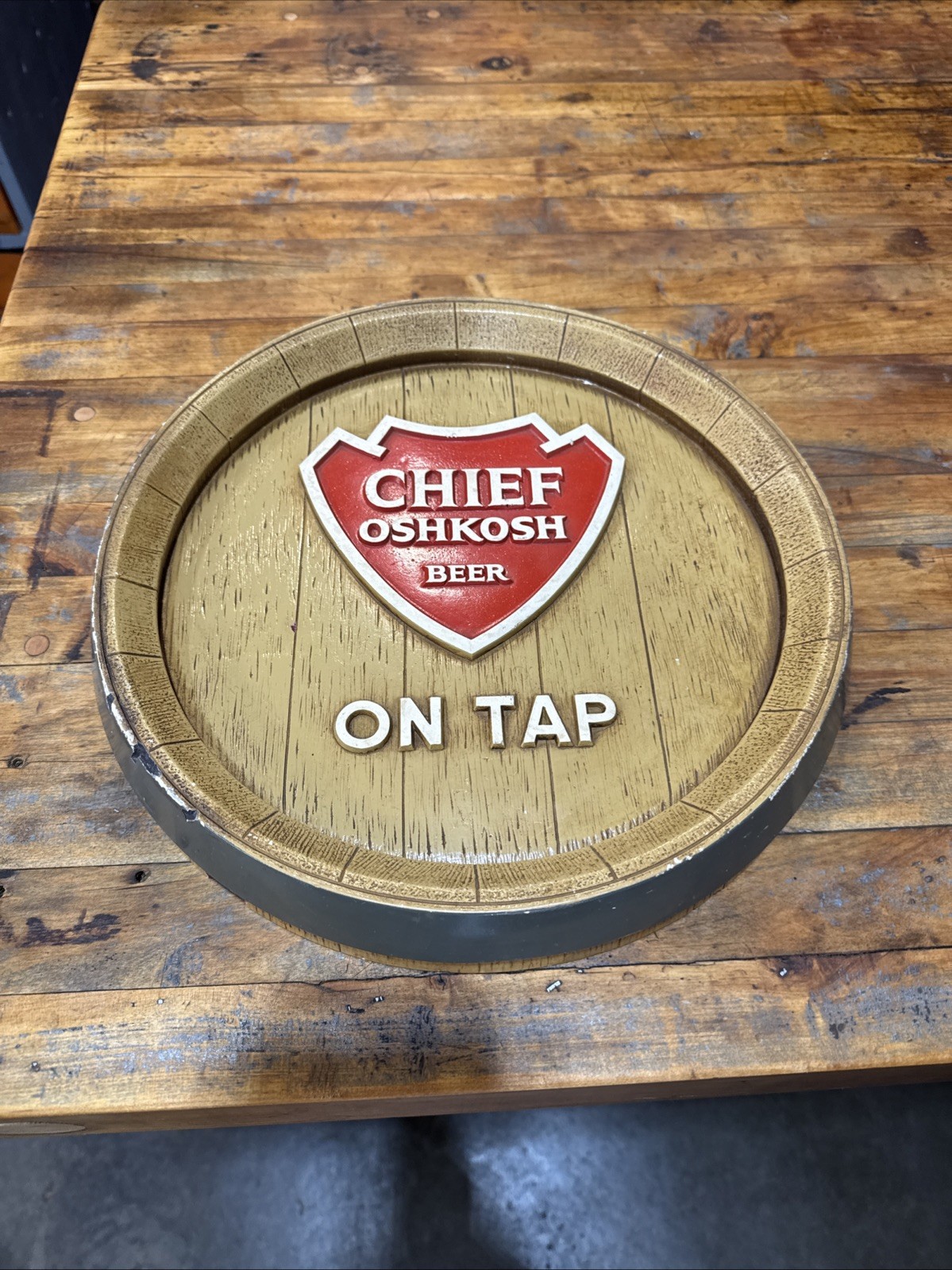 Vintage Chief Oshkosh Bar Game Room Man Cave Barrel Sign Rare
