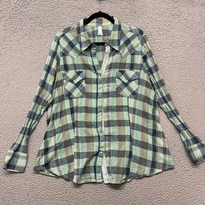 Roper Shirt Womens 2X Green Plaid Pearl Snap Western Cowgirl Southwestern