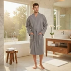 Men's Textured Knitted Waffle Wrap Dressing Gown Cotton Lightweight Shower Robe