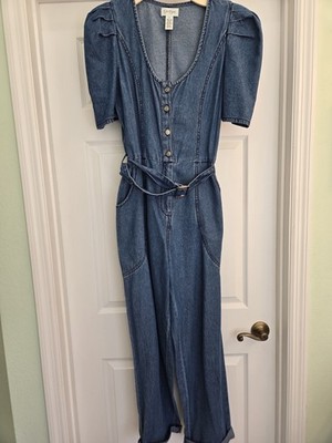 Jessica Simpson Blue Denim Jumpsuit Puff Sleeve Belted Prairie Western Country L