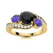 5MM Round Black Spinel  Tanzanite 925 Silver Gold Plated Three Stone Women Ring