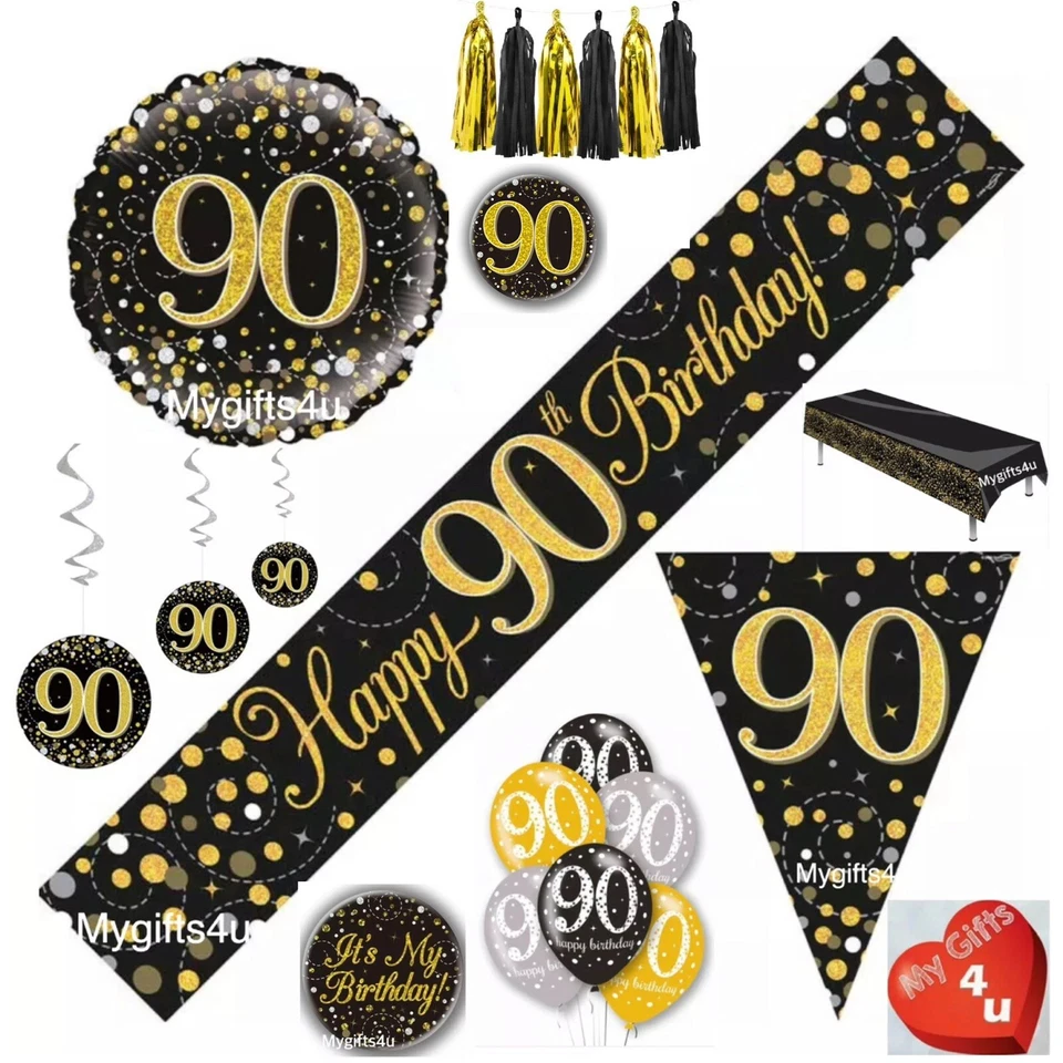 Black 90th & Happy Birthday Party Decorations Buntings Balloons Gold Banners Age