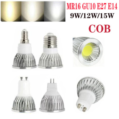Dimmable GU10 E27 E14 MR16 COB LED Spotlights Bulb 9W 12W 15W Super Bright Lamp