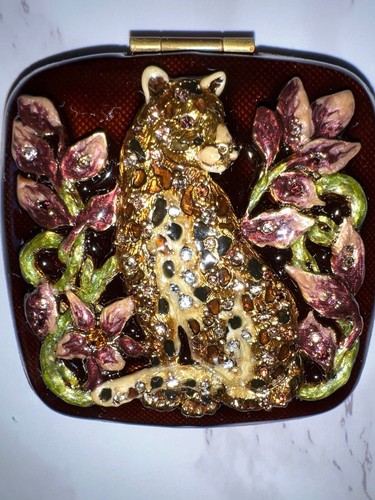 Specchio vintage Jay Strongwater donna smalto e cristallo tigre compatto *nuovo con etichette*