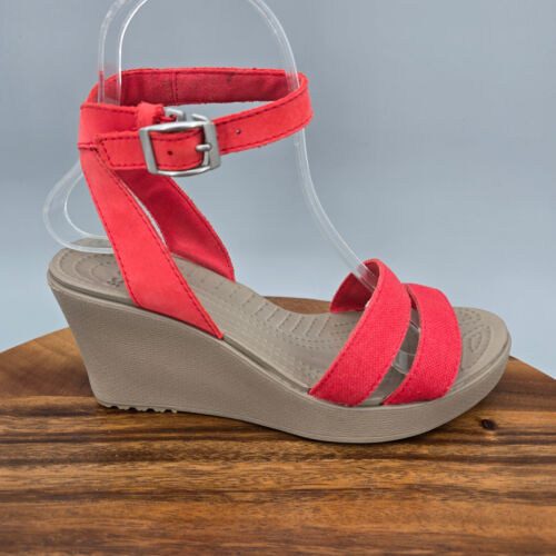 Crocs Leigh Sandals Women's 6 Red Ankle Strap Buckle Platform Comfort Wedge