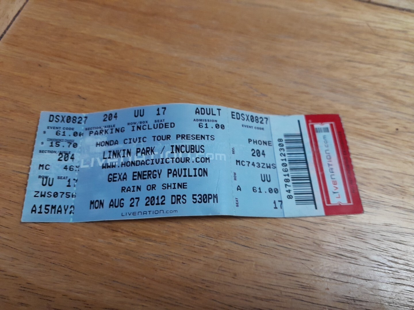 Linkin Park /Incubus Concert Ticket Stub Aug 27 2012 Gexa Energy Pavilion