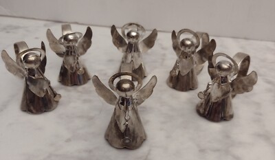 Napkin Rings Angel Trumpets Set  of 6 Christmas Holiday Silver Metal Halo Wings 