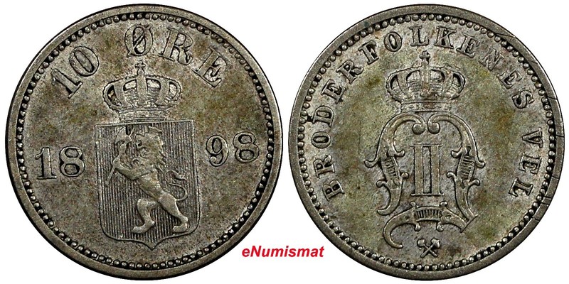 Norway Oscar II Silver 1898 10 Ore Norwegian Lion XF Condition  KM# 350 (11 375)