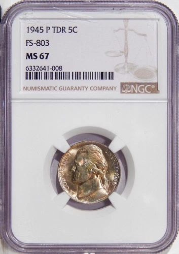 1945-P TRIPLED DIE REVERSE 5c NGC MS 67 FS-803 ~ JEFFERSON NICKEL TDR VARIETY