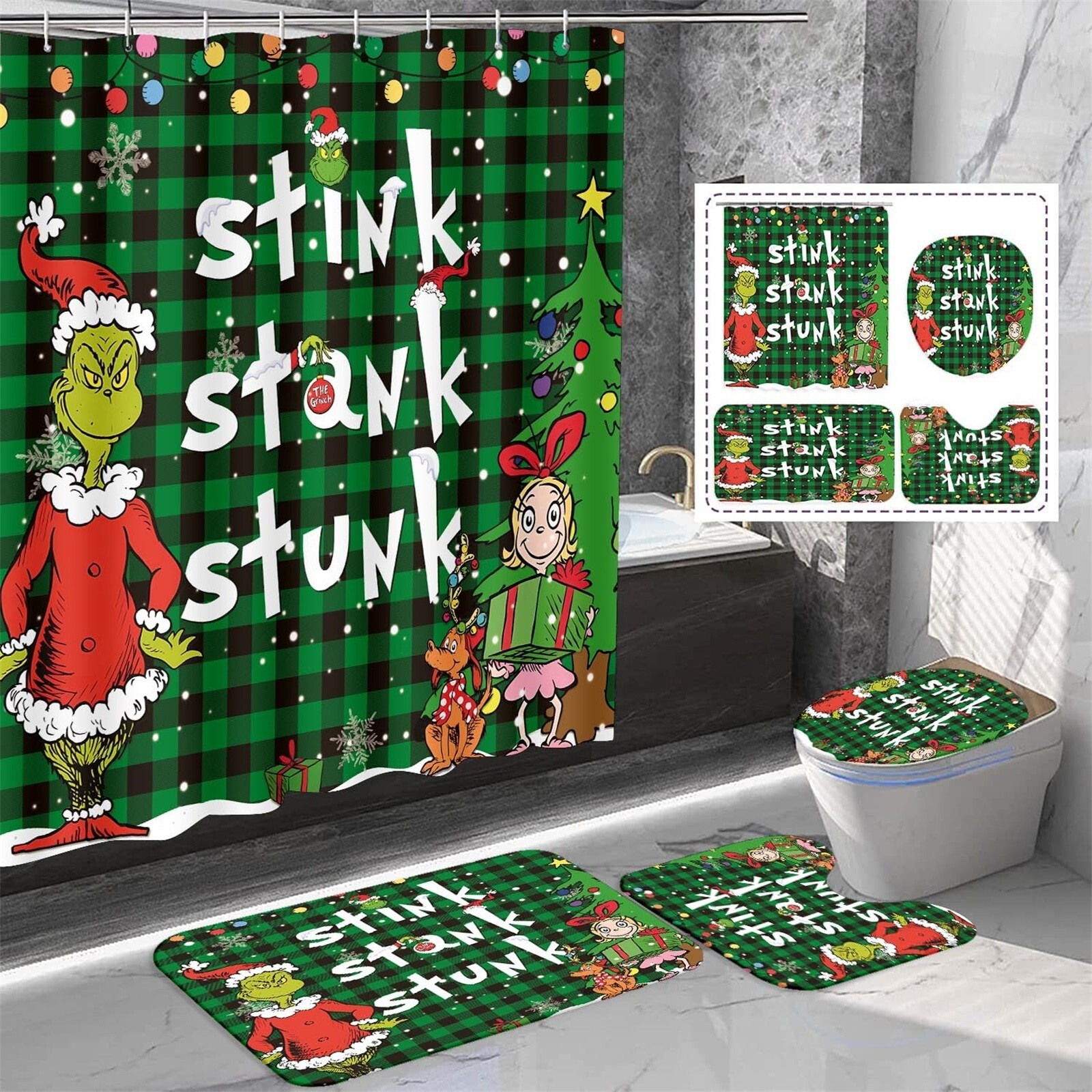 Stink Stank Stunk Grinch Merry Christmas Shower Curtain or Bathroom 4pcs/Set.✈️