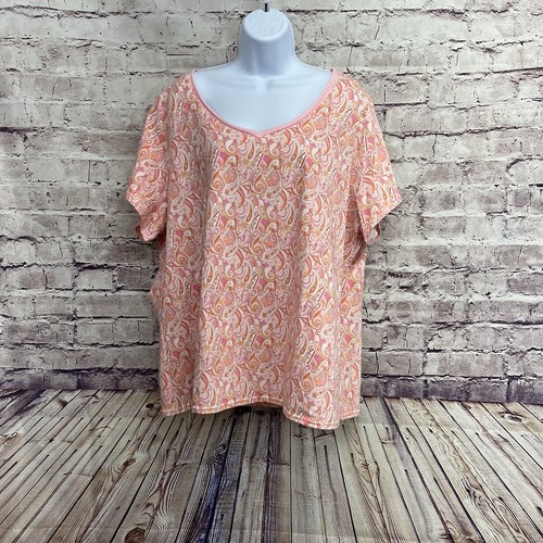 Avenue Top Womens Size 22/24 Pink Paisley Print Stretch V Neck Short Sleeve