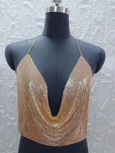 Metal Sequined Halter Women Sexy V Neck Backless Chain Plunge Tank Vest Crop Top - Picture 7 of 14