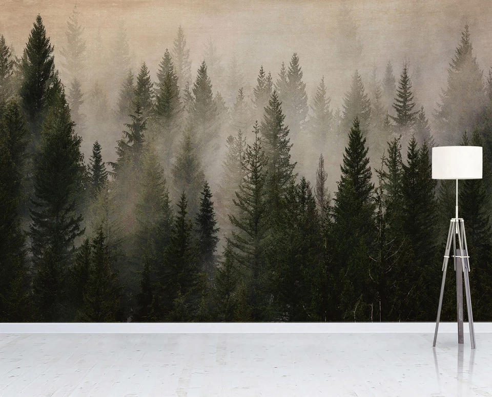 Misty Pine Tree Forest Landscape Wallpaper. Peel and Stick Wall Mural. #6237 - Image 2 of 4