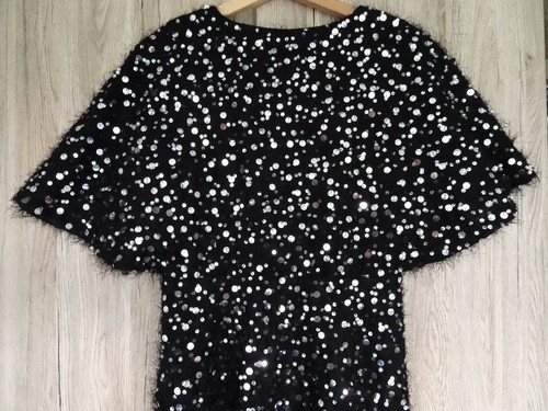 ZARA BLACK TEXTURED V-NECK LONG DRESS WITH SEQUIN & BEAD DETAILS SIZE S UK 8 10 - Picture 21 of 23