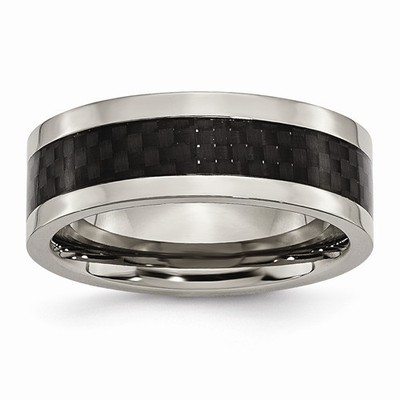 8MM  POLISHED TITANIUM  BLACK CARBON FIBER FLAT BAND RING  - SIZE 11