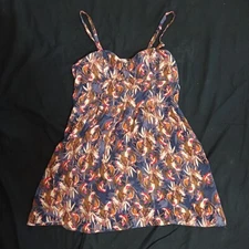 AUW Sundress Mini Womens Large L Birds Floral Stretch Fitted Upper Wide Straps