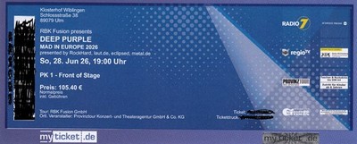 DEEP PURPLE - LIVE IN ULM KLOSTERHOF WIBLINGEN 1 TICKET FRONT OF STAGE 28.6.2026