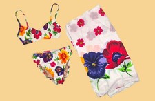 Vtg 3 Pcs. Beach Bikini  Sarong Coverup - Floral Sz 8, 36D Illusions By Cole