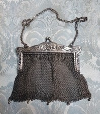 1920s German Silver Mesh Purse Chainmail Handbag Kiss Clasp Floral Frame